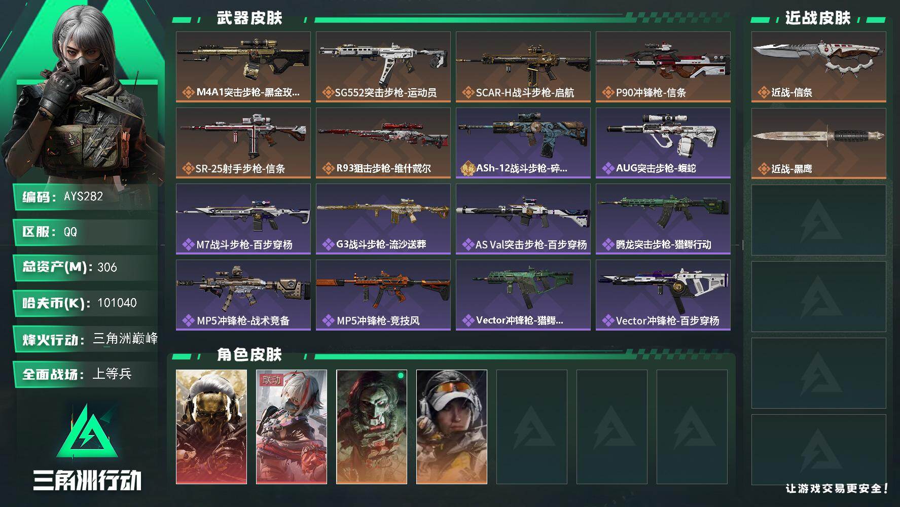三角洲行动【全服通用】不可二次【特价出售/店主推荐】306m总资产-101040k哈伏币-60烽火等