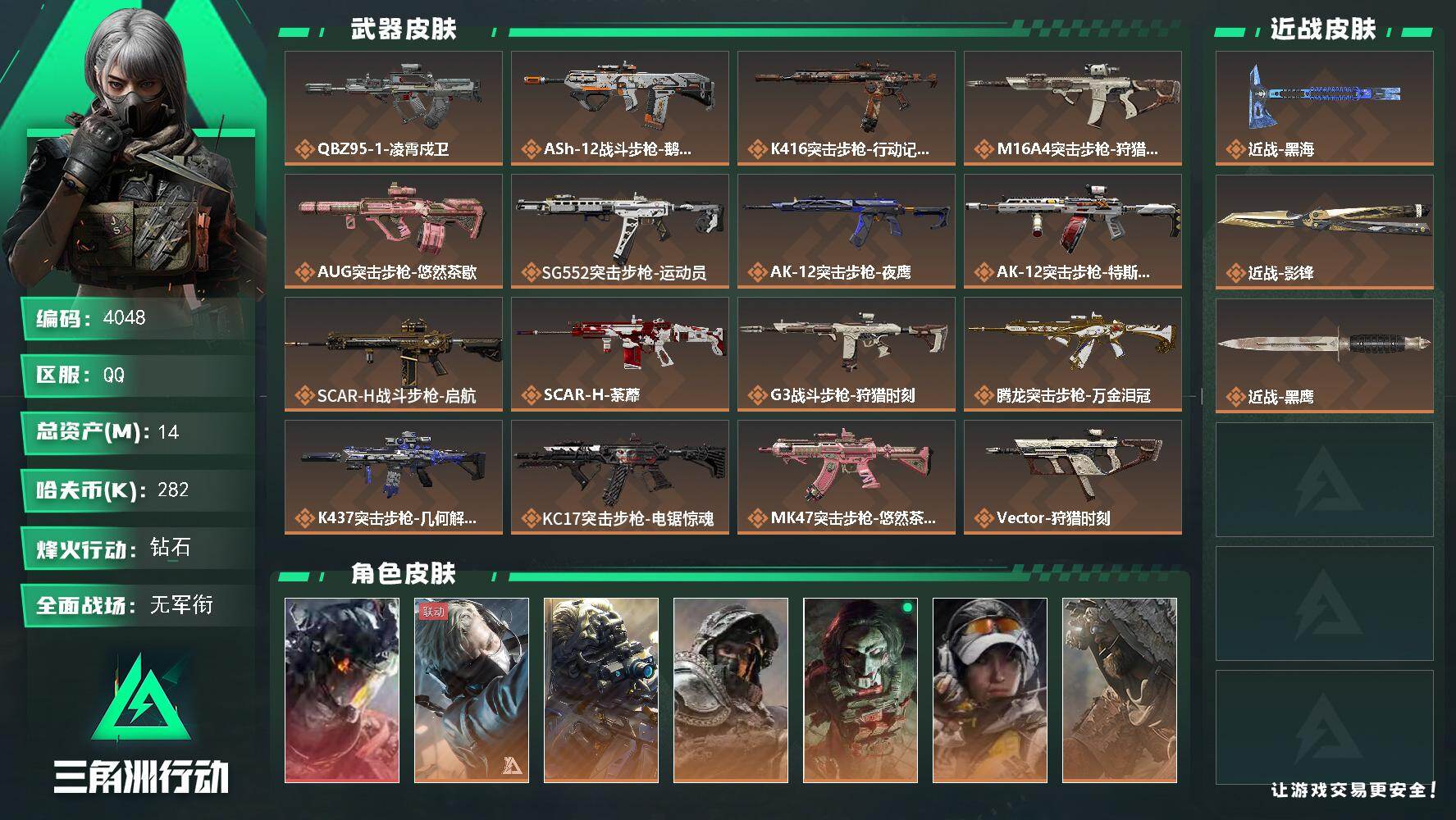 14m总资产-282k哈夫币-60烽火等级-钻石-3战场等级-无军衔【干员外