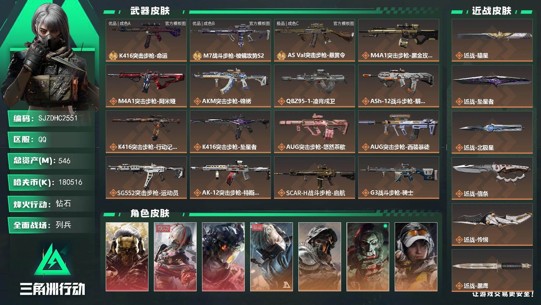 总资产546M/哈夫币18051万/传说近战数5/干员外观数10/典藏外观数3/传说枪皮数51/战场等级14/行动等级60/
