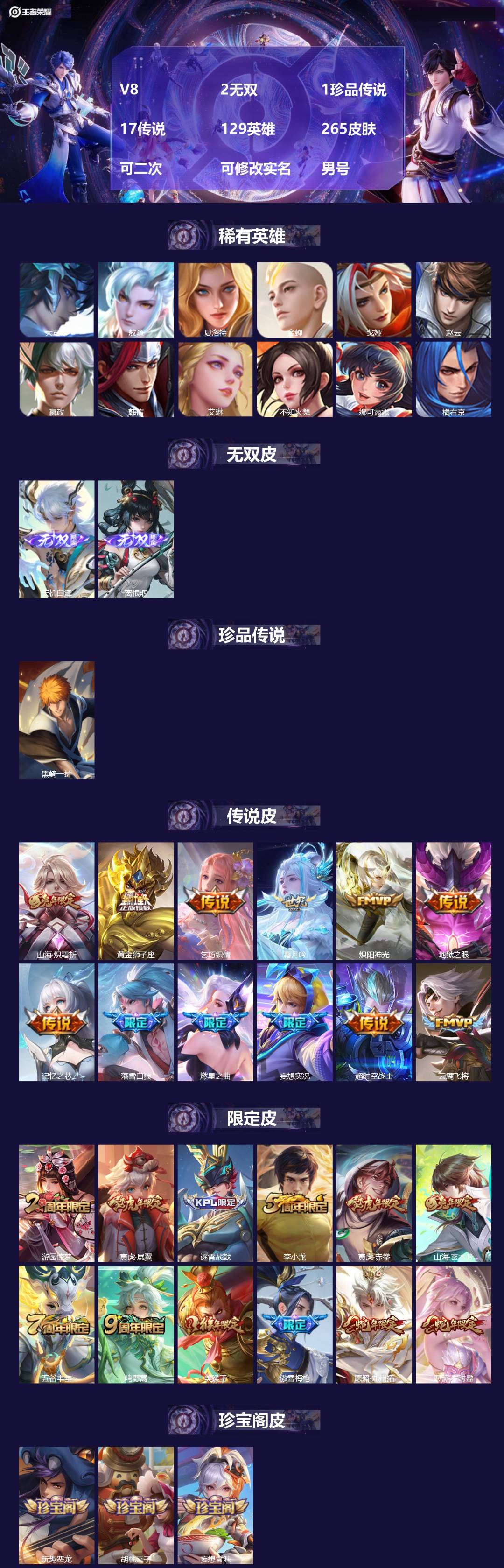 王者荣耀【安卓QQ】V8 2无双 1珍品传说 17传说 129英雄 265皮肤 可二次 可修改实名 
