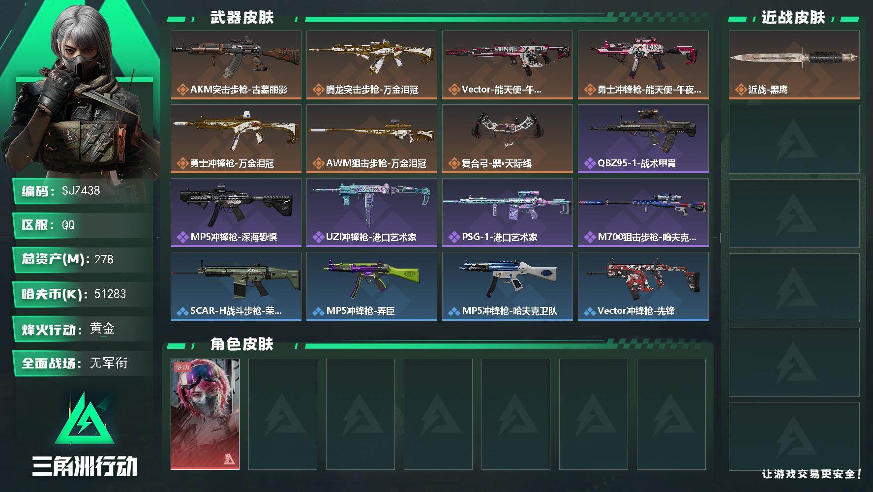 278m总资产-51283k哈夫币-60烽火等级-黄金-1战场等级-无军衔【