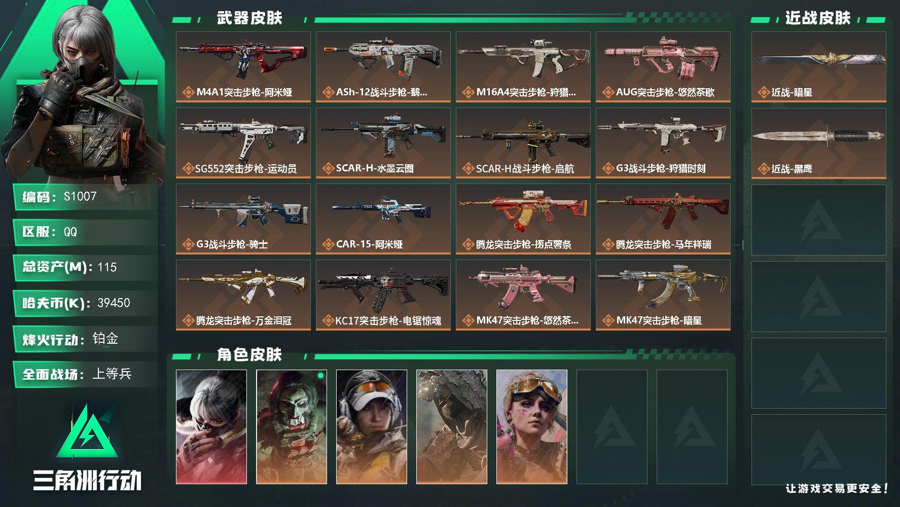 115m总资产-39450k哈夫币-60烽火等级-铂金-50战场等级-上等兵